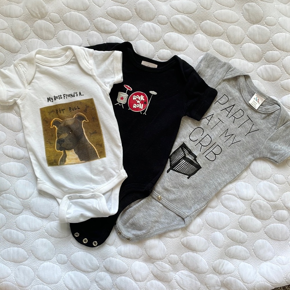 Three cool onesies! Drums, pit bulls, partying! 😂